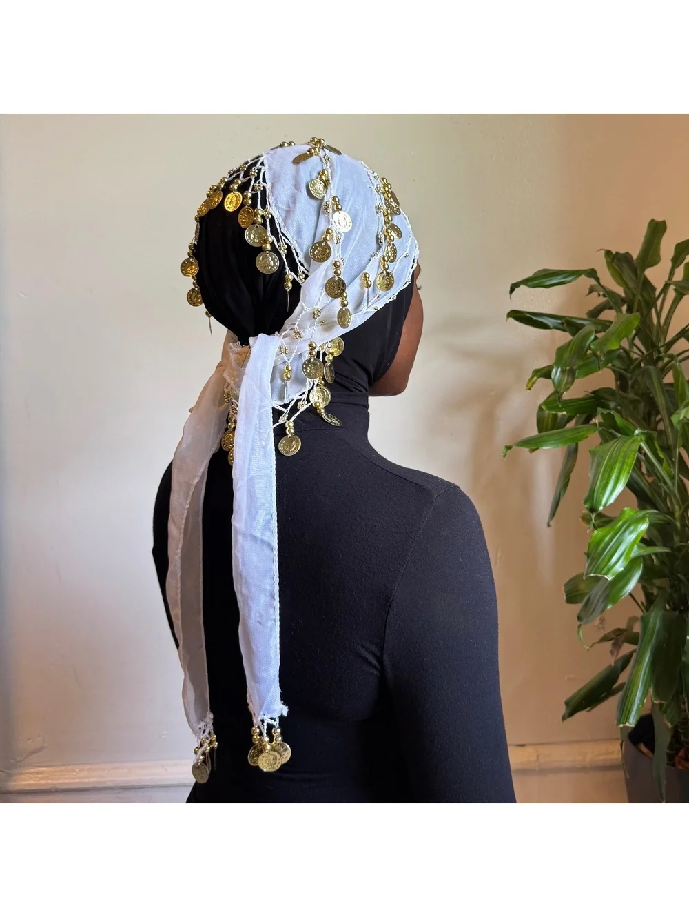 Y2K White Gold Coin boho Belly Dance Sheer Wrap Hip Scarf Headwrap